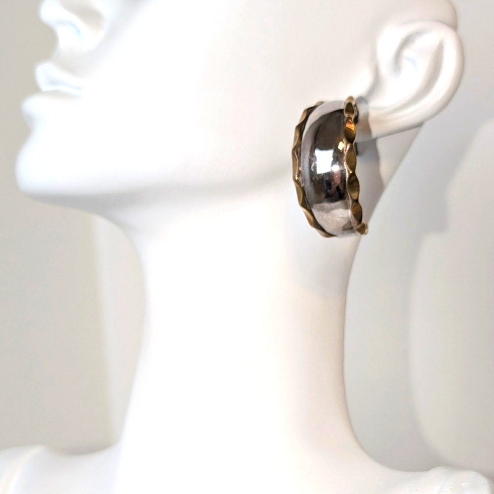 Vintage Mexican Sterling Silver Chunky Hoops Twisted Brass Edge BIG SHINY Cool